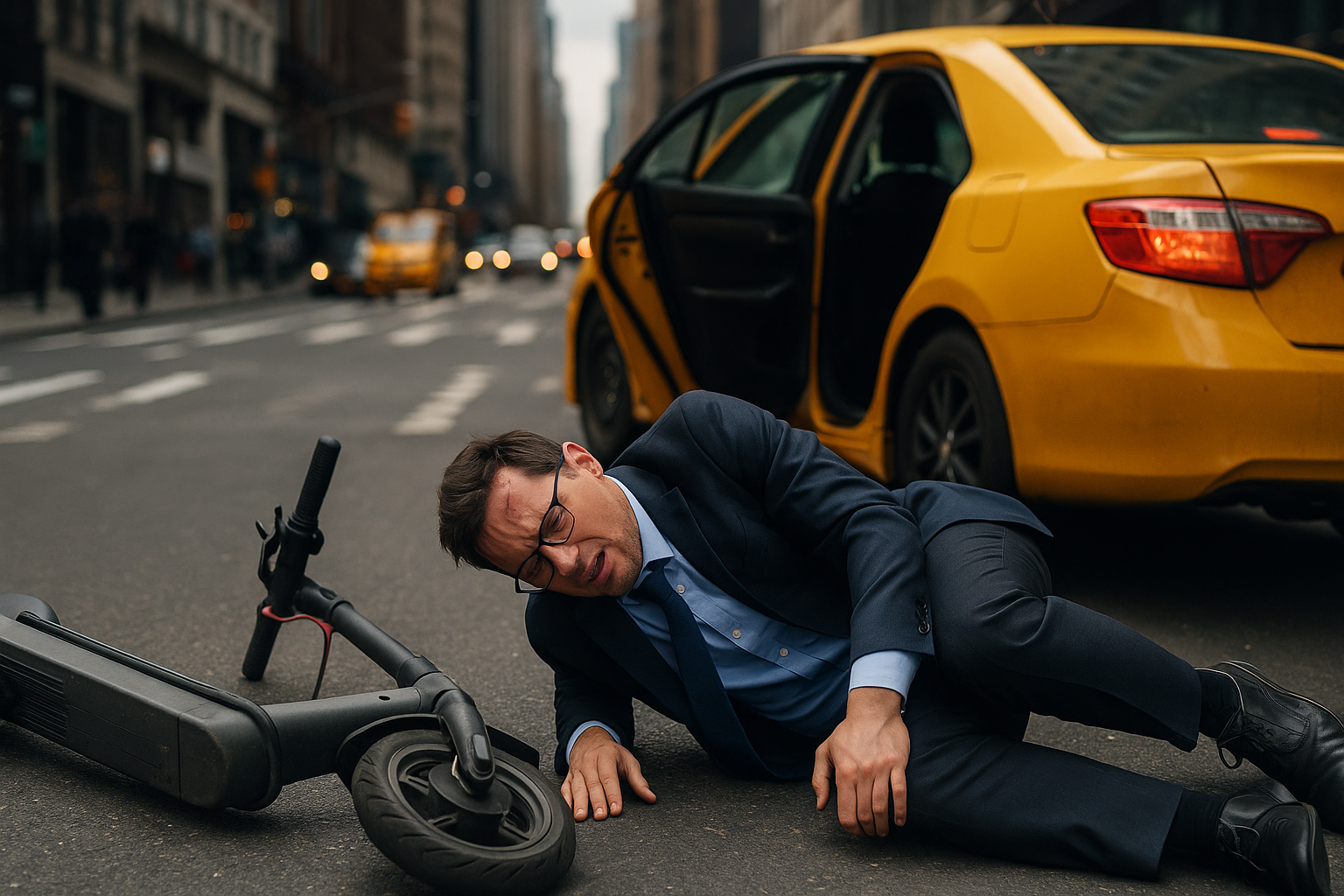 A person in business attire lying injured near an overturned e-scooter on a NYC street