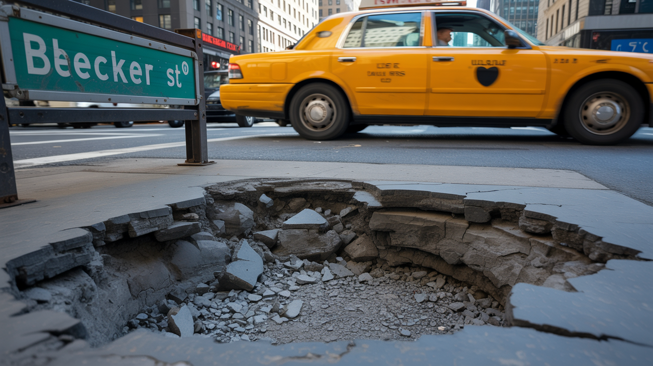 NYC Pothole with cab in background