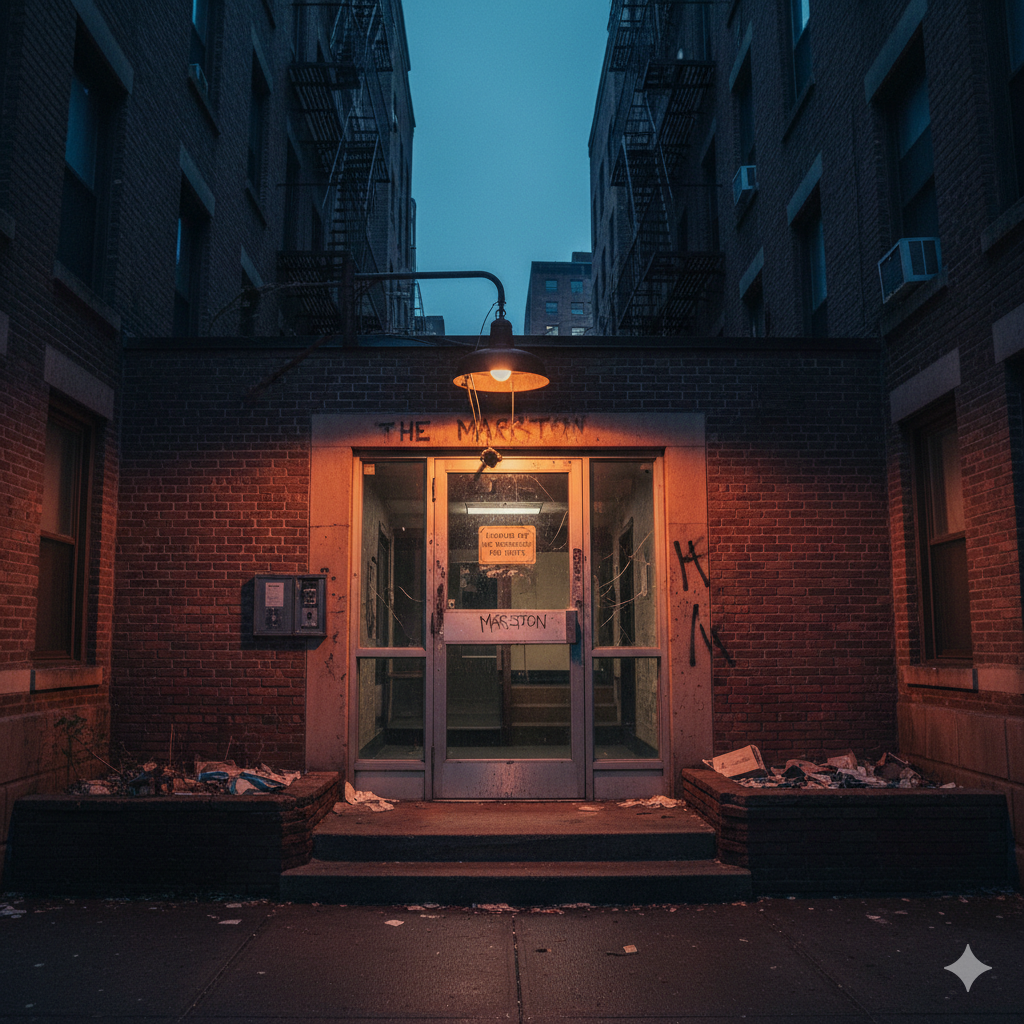 NYC apartment building entrance at dusk with broken security lighting and damaged door lock, illustrating premises liability and landlord negligence in building security maintenance