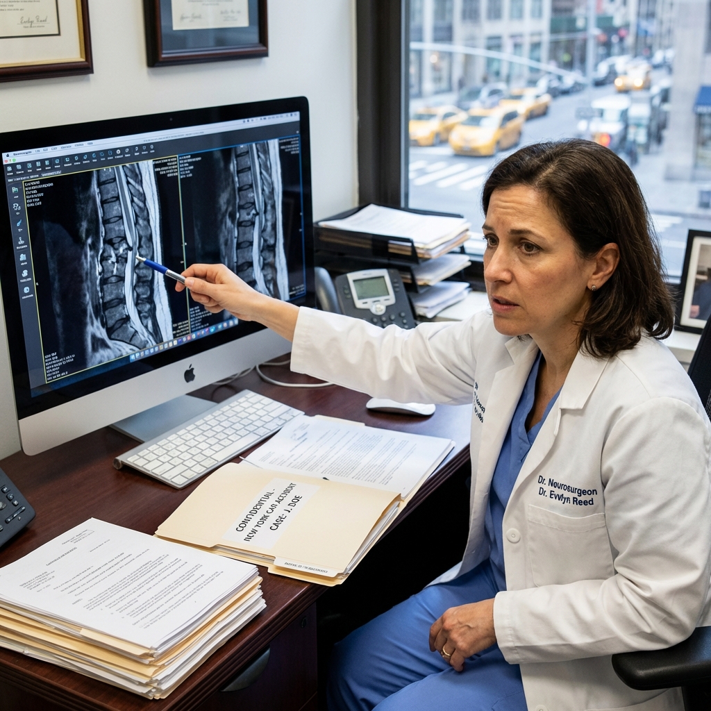 Doctor examining MRI scan to document serious injury for New York car accident case