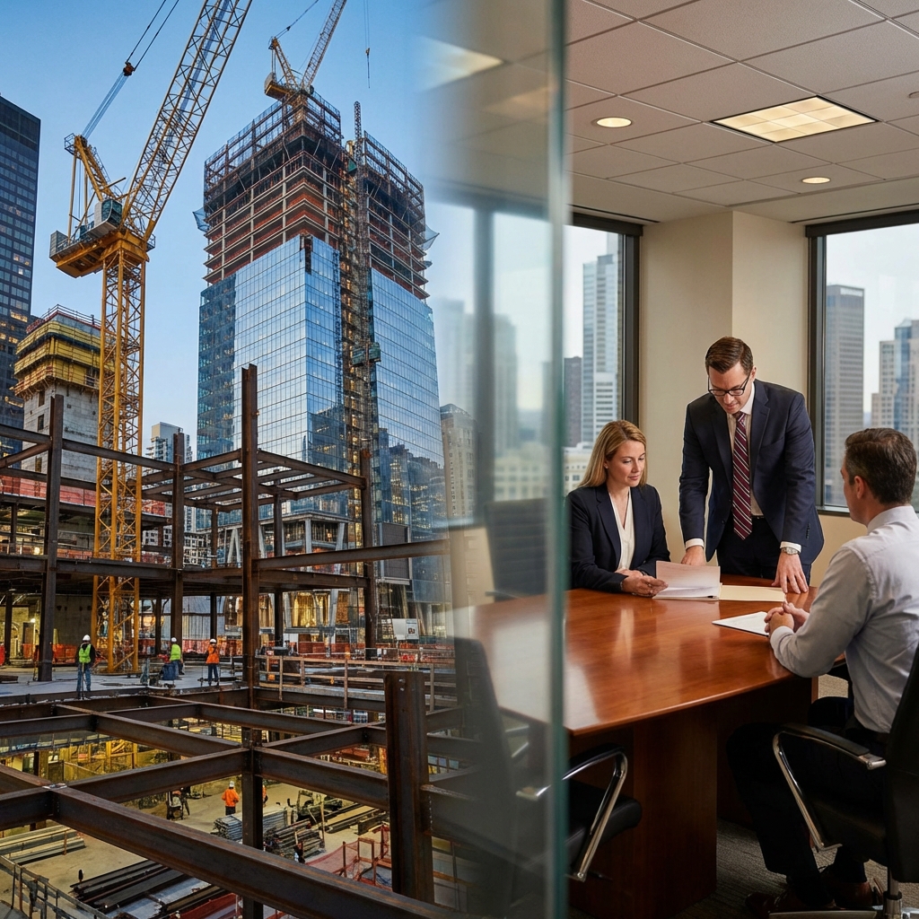 Hero image for NYC construction accident guide featuring a Manhattan job site and legal consultation icons.