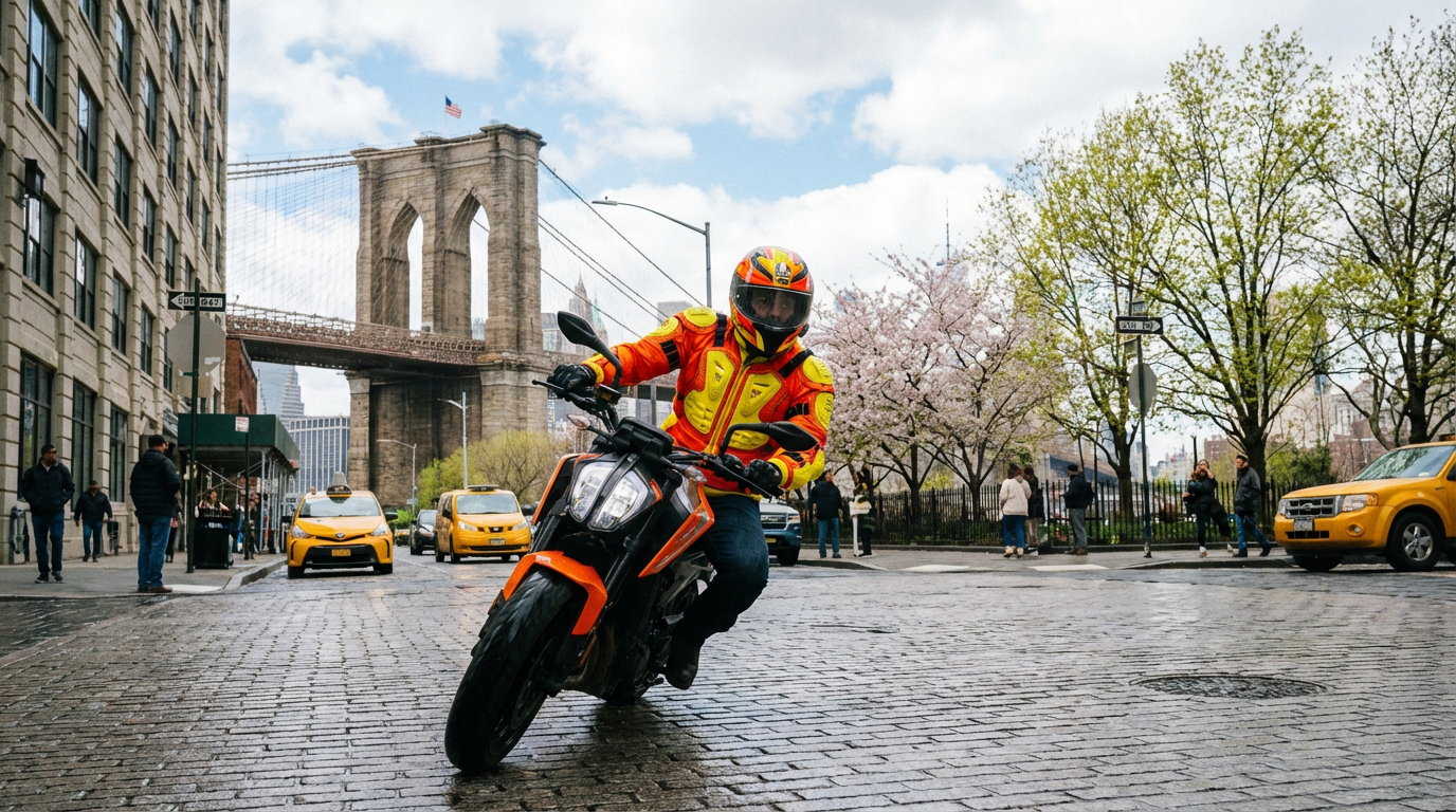 A crisp, low-angle shot of a motorcyclist in full protective gear (bright-colored helmet and jacket) navigating a NYC street.