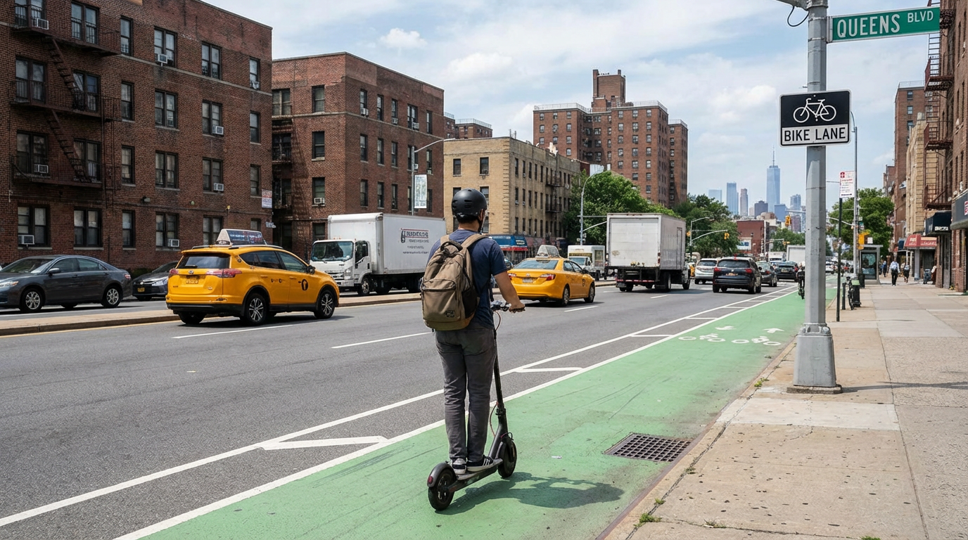 E-scooter rider in bike lane, NYC street environment, vehicle traffic visible; city signage or borough backdrop