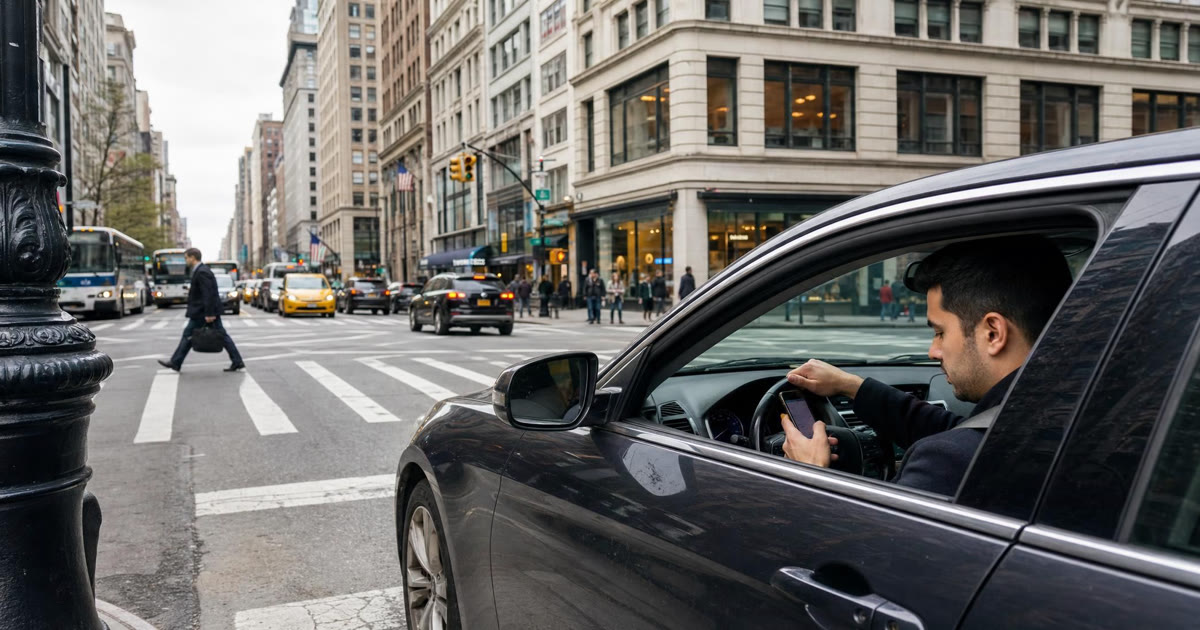 Distracted driver looking at a phone while driving on a New York City street
